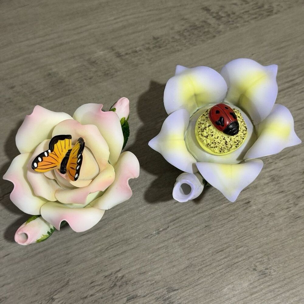Set of 2 Ceramic Flower Miniature Teacups Butterfly & Ladybug Floral Decor